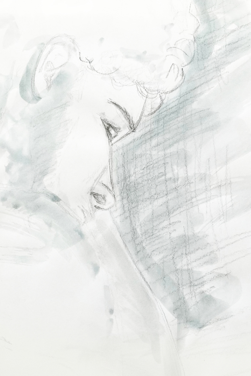 Pencil and ink sketch of a young man thoughtfully resting his head on his arm.