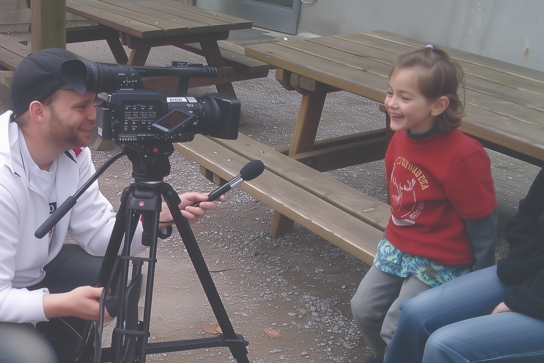 A student interviews a laughing child in the outdoors with a professional video camera and a directional microphone.