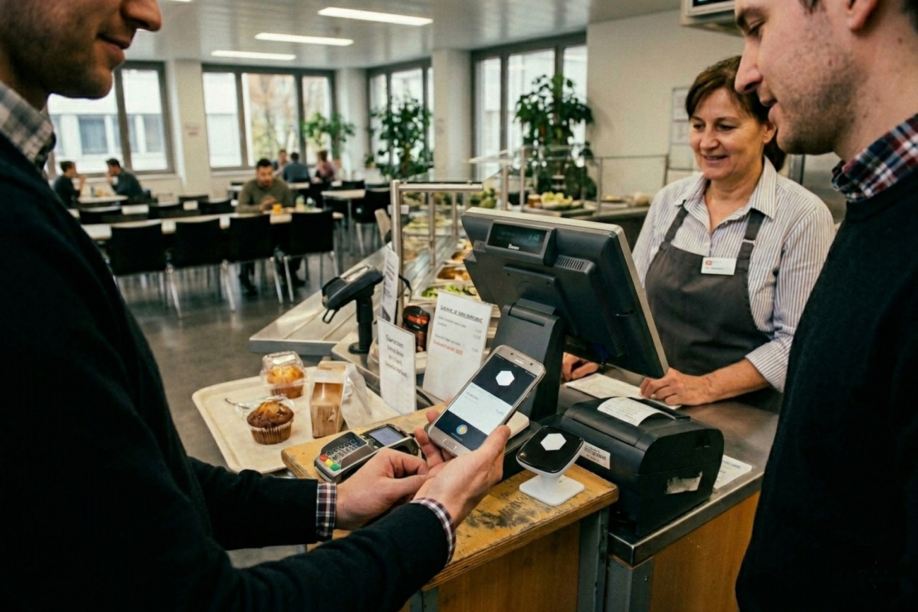 Real user test of a mobile payment app at a canteen cash register with a cashier in the background.