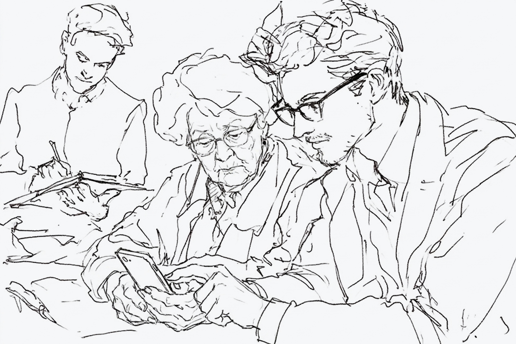 Illustration of a usability test with an older participant, a researcher at the smartphone and a note taker in the background.