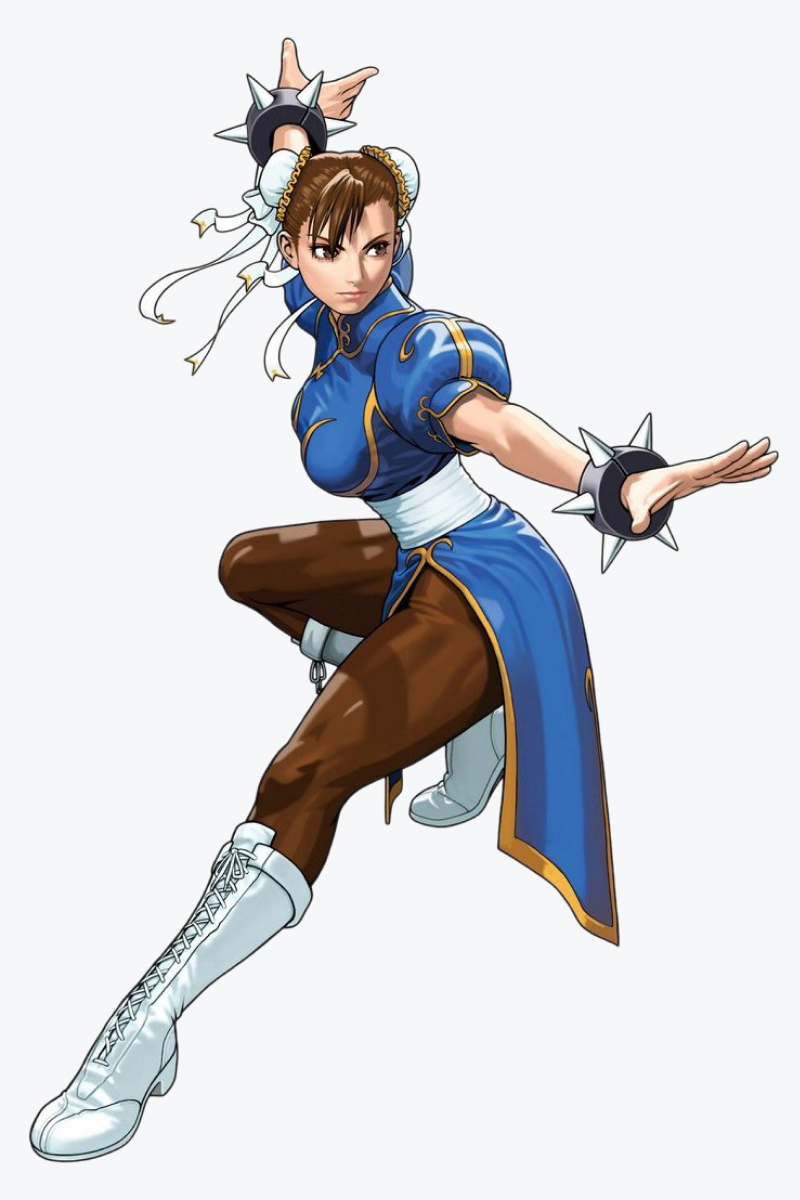 Digitale Illustration the Street-Fighter-Figur Chun-Li in a dynamischen Kampfpose.